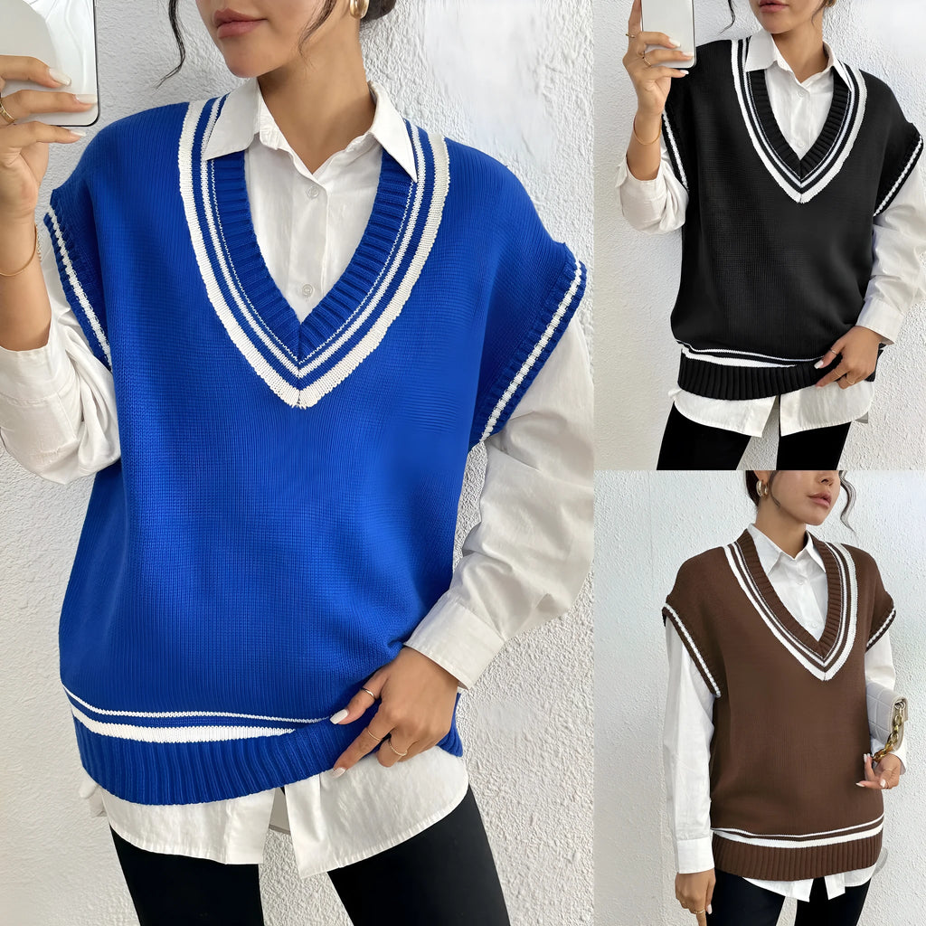Women's casual wool vest sweater in loose fit free size design showing college style pullover in black blue coffee colour options