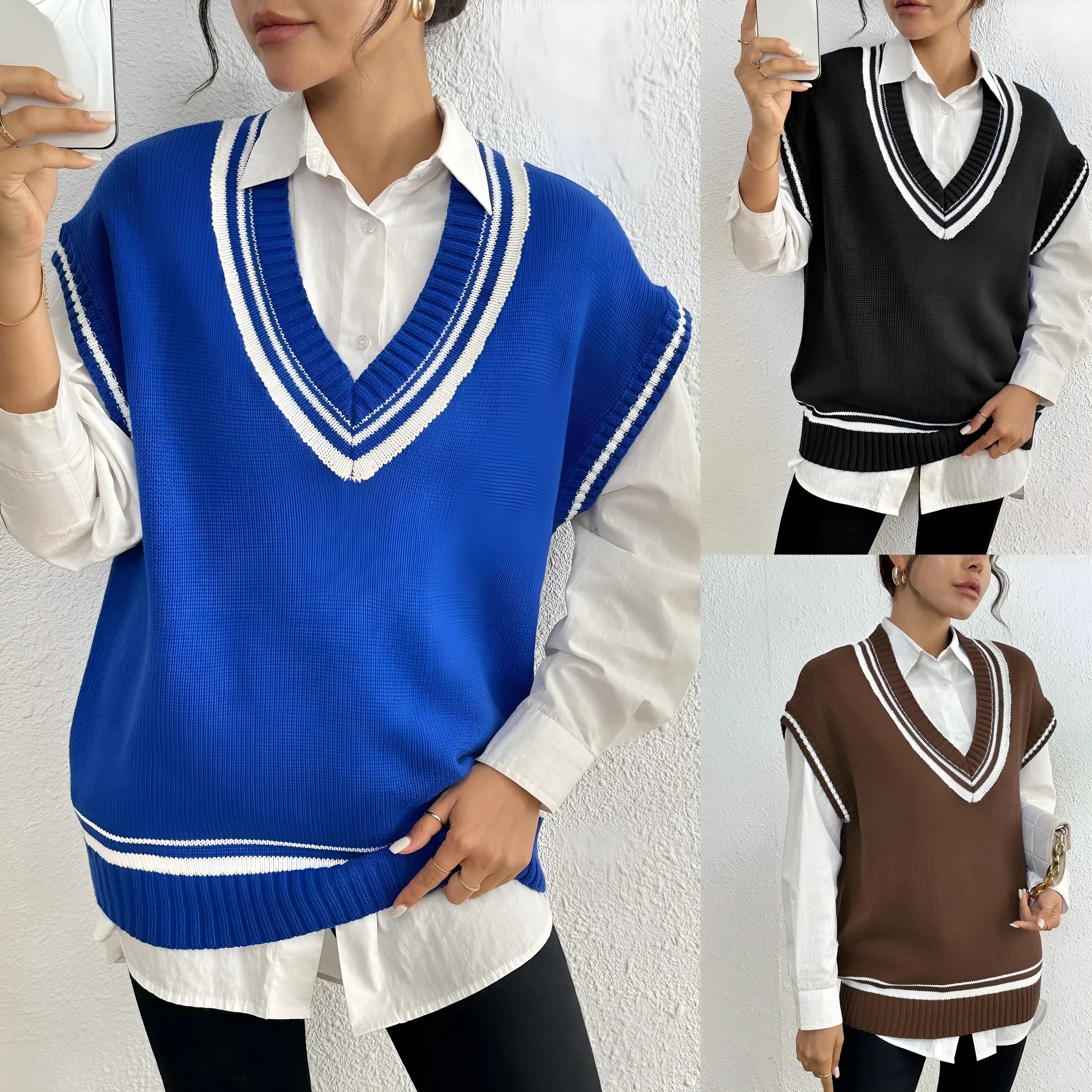 Women's casual wool vest sweater in loose fit free size design showing college style pullover in black blue coffee colour options