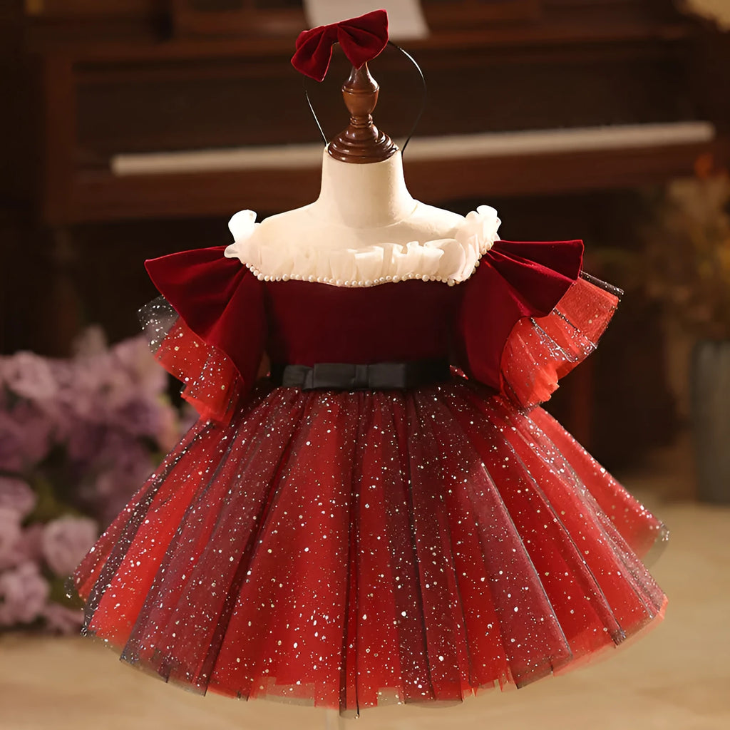 Wine red polyester children's princess dress for girls suitable for heights 80cm to 150cm