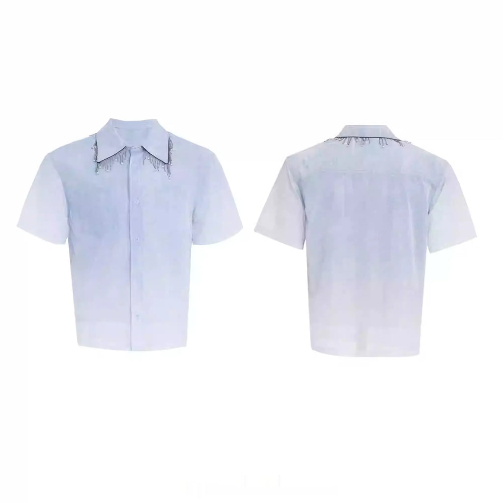 Man's blue and white gradient loose-fitting short sleeve casual shirt on a hanger
