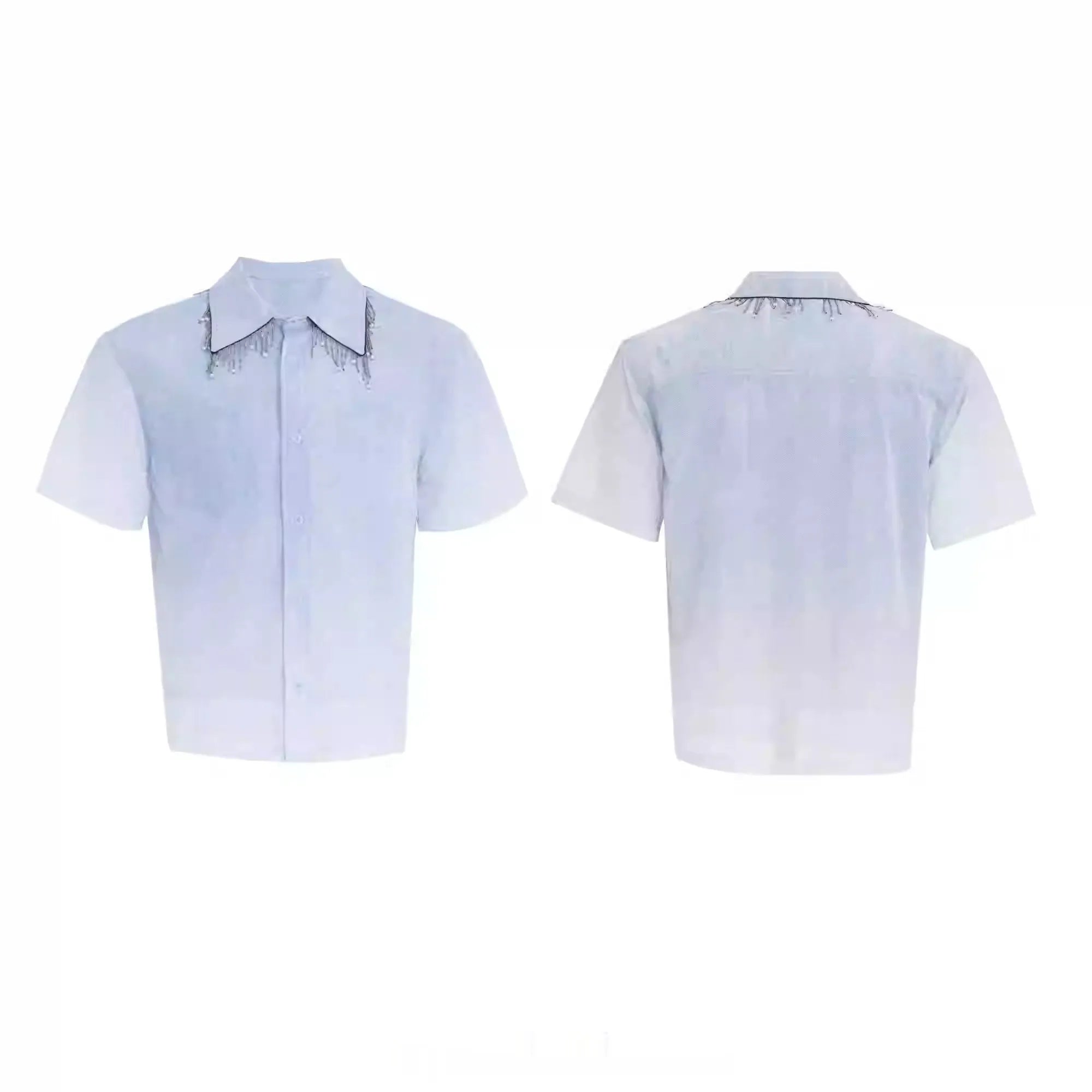 Man's blue and white gradient loose-fitting short sleeve casual shirt on a hanger
