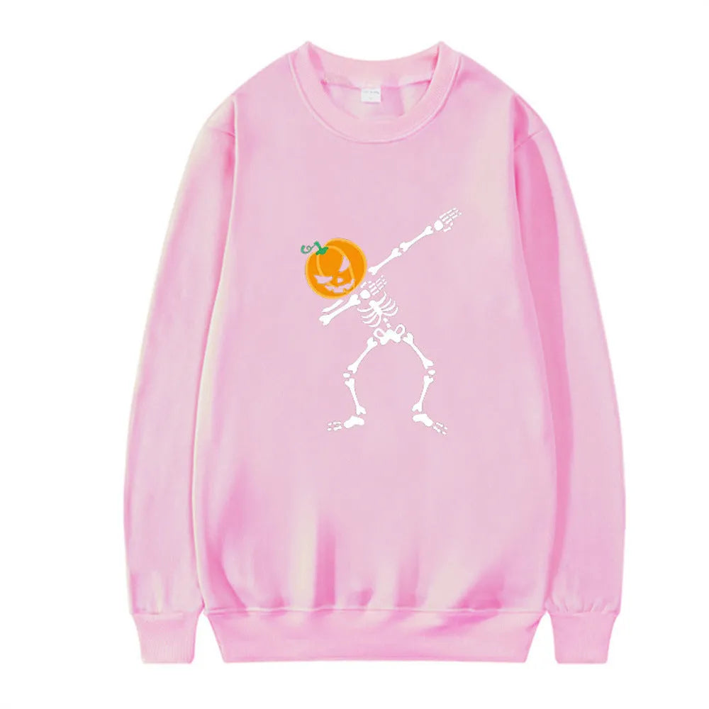 Women's printed crew neck long sleeve top in black with creative pattern, shown front view