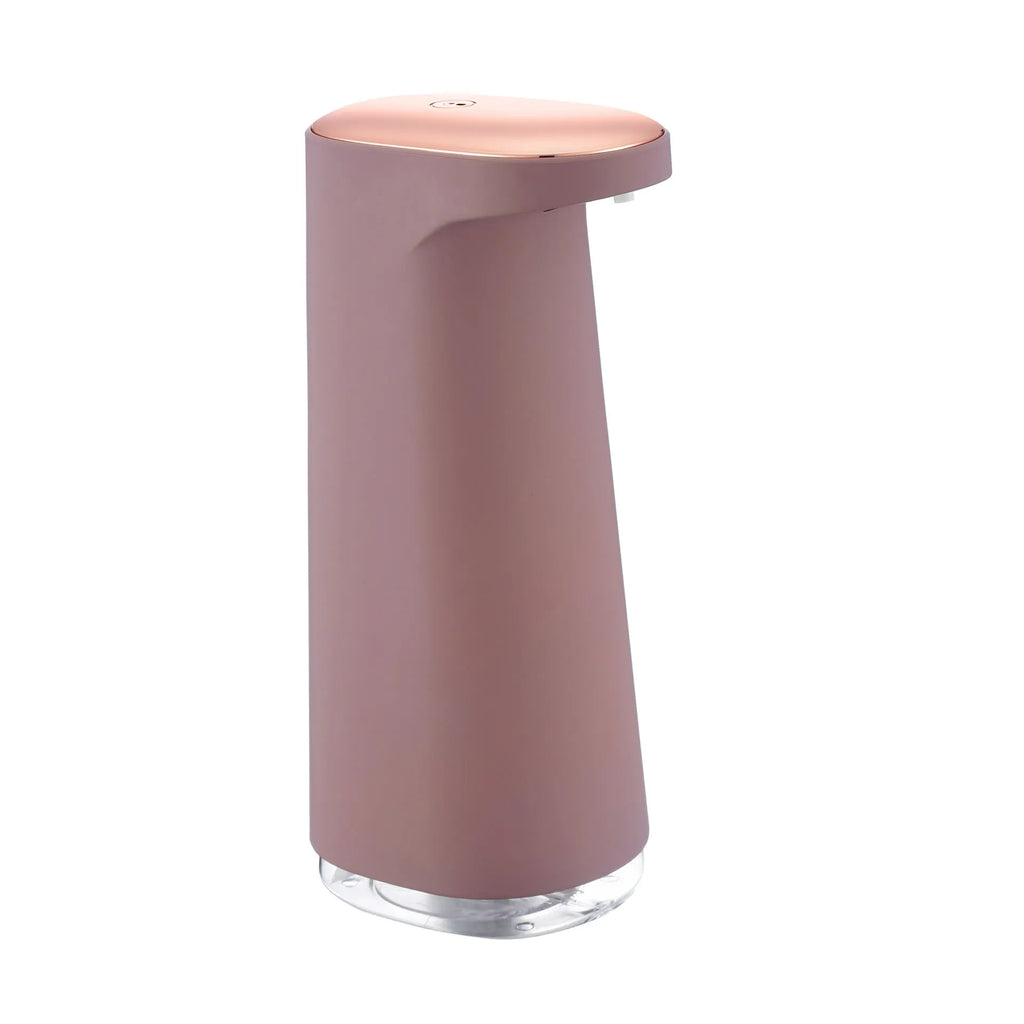 White automatic foam soap dispenser with infrared sensor for touch-free operation on a bathroom counter.