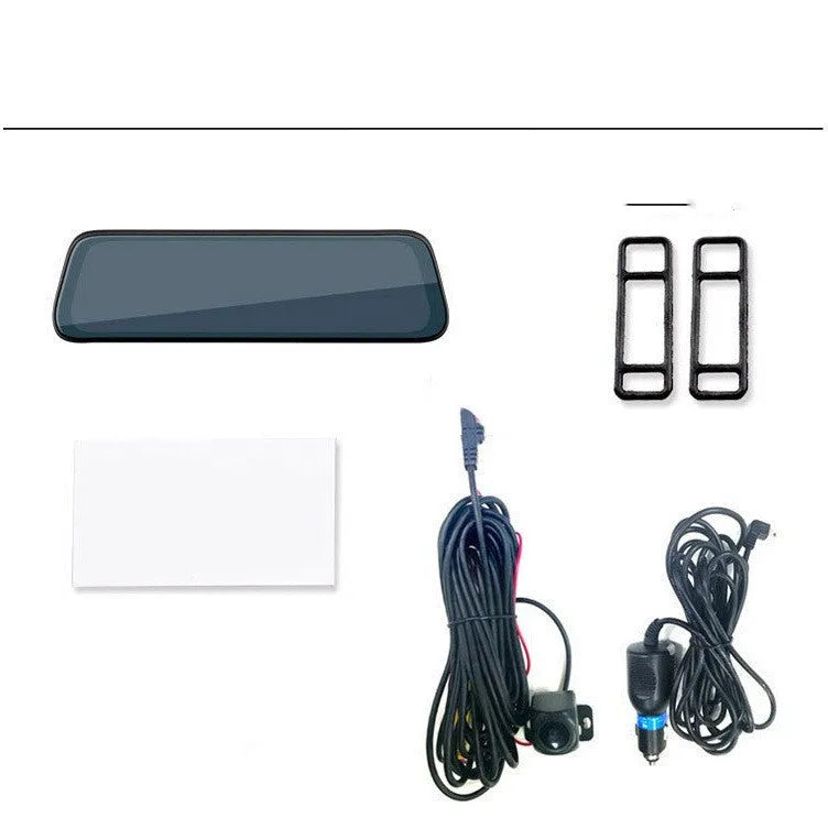 10-inch full screen car dash camera with front and rear lenses on a touch screen display.