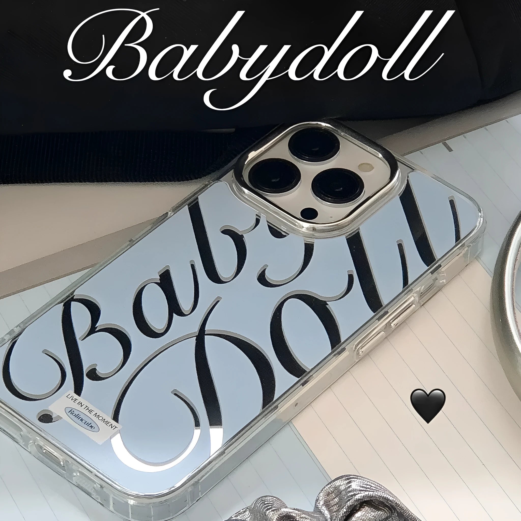 Transparent blue mirror iPhone case with JMKJ English letters showing frosted finish