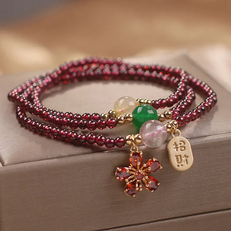 Natural crystal pomegranate bracelet for women, pomegranate red cherry blossom colour, with sequins, simple style