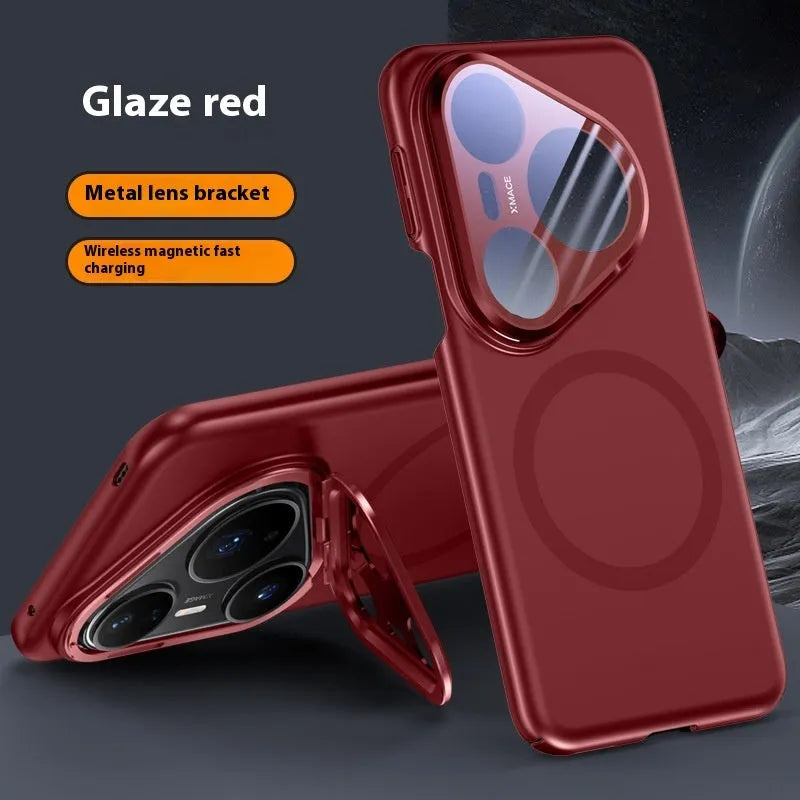 Huawei P80 series magnetic lens bracket phone case with frosted PC back shell in black, silver, bright red colours
