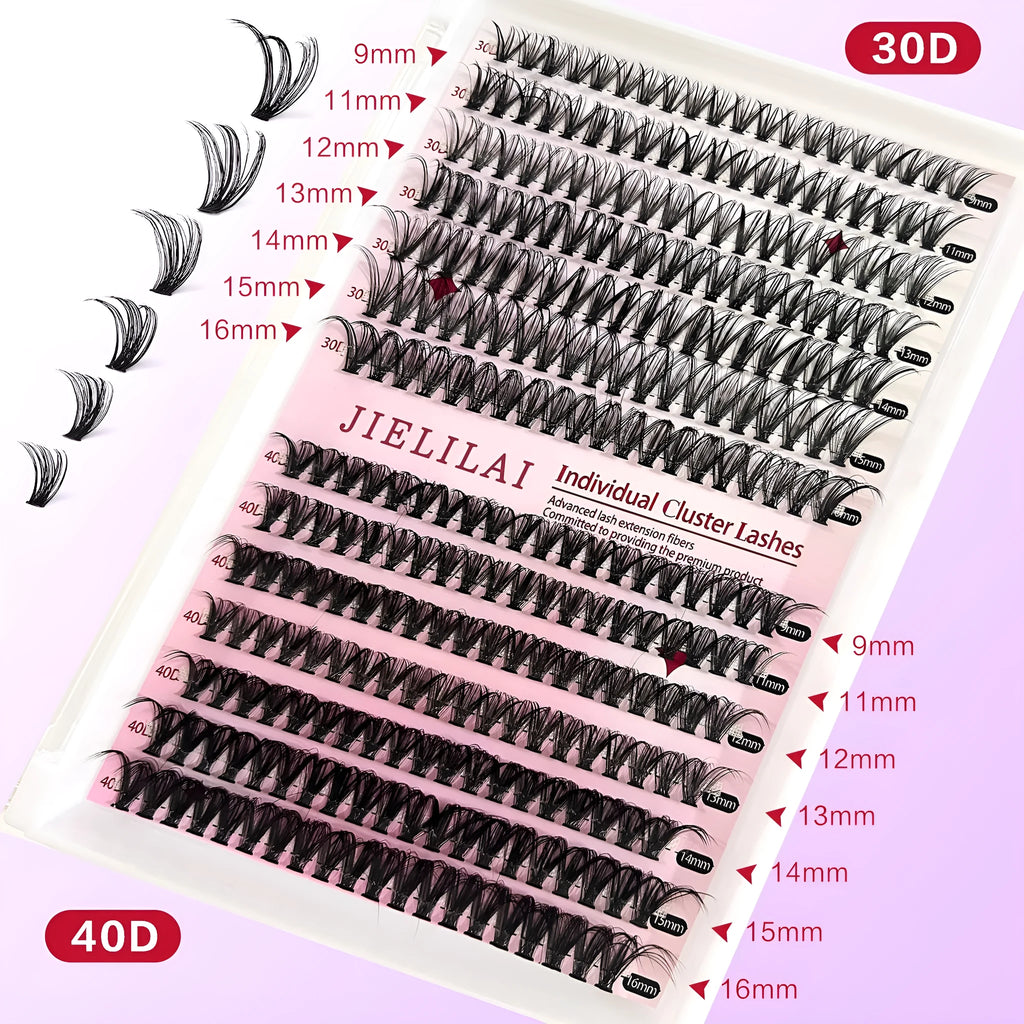DIY mixed package of 30D and 40D cluster false eyelashes with tweezers, lengths 9-16mm