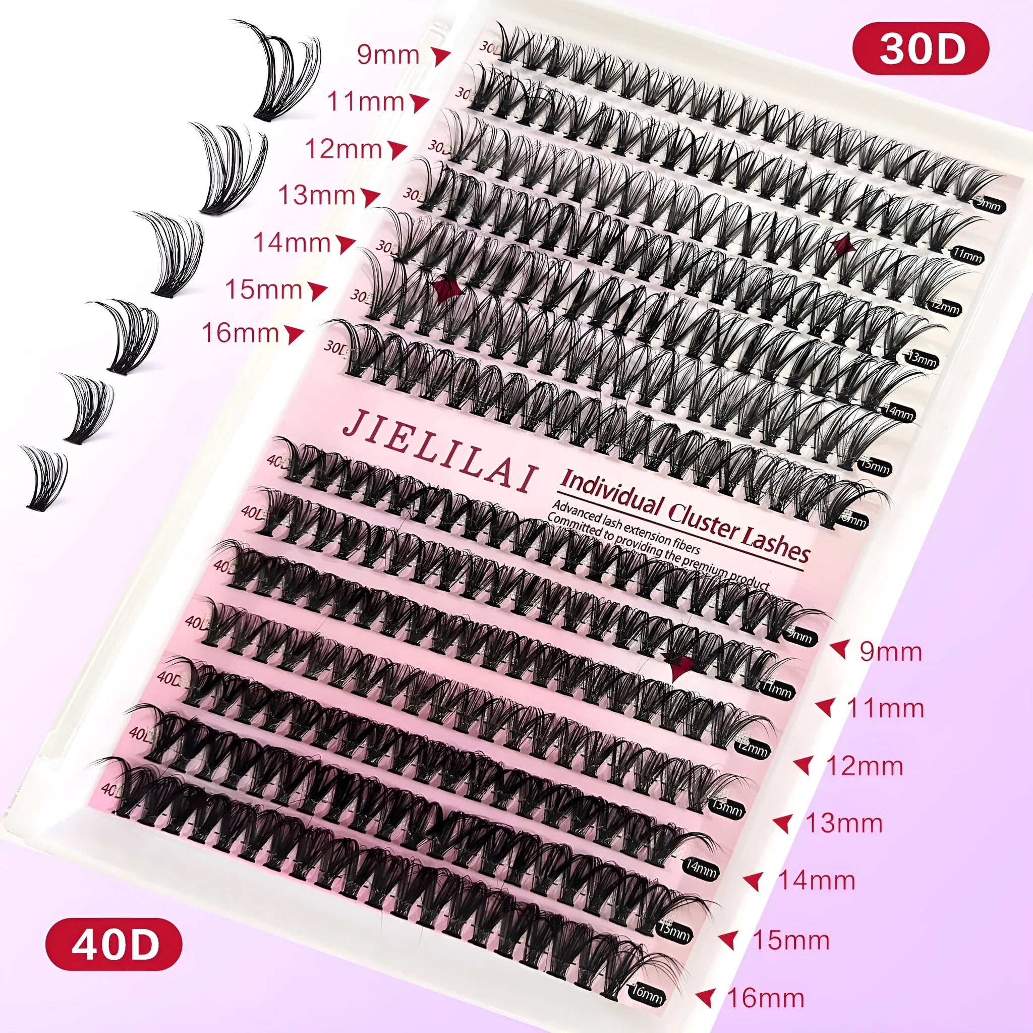 DIY mixed package of 30D and 40D cluster false eyelashes with tweezers, lengths 9-16mm