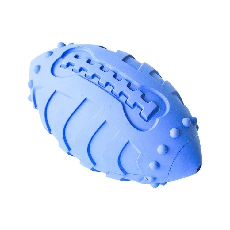 Light green rubber rugby ball dog toy with interactive vocal features for teeth cleaning play