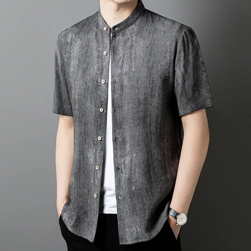 Men's loose fit linen blend stand collar cardigan in black grey