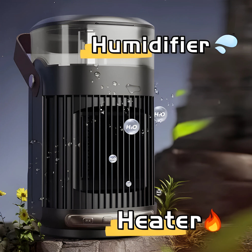 Black portable 2-in-1 space heater and humidifier with front control panel.