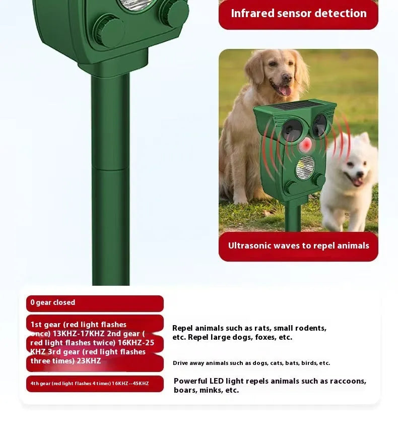 Dark green solar-powered animal repeller with infrared sensor on a garden lawn