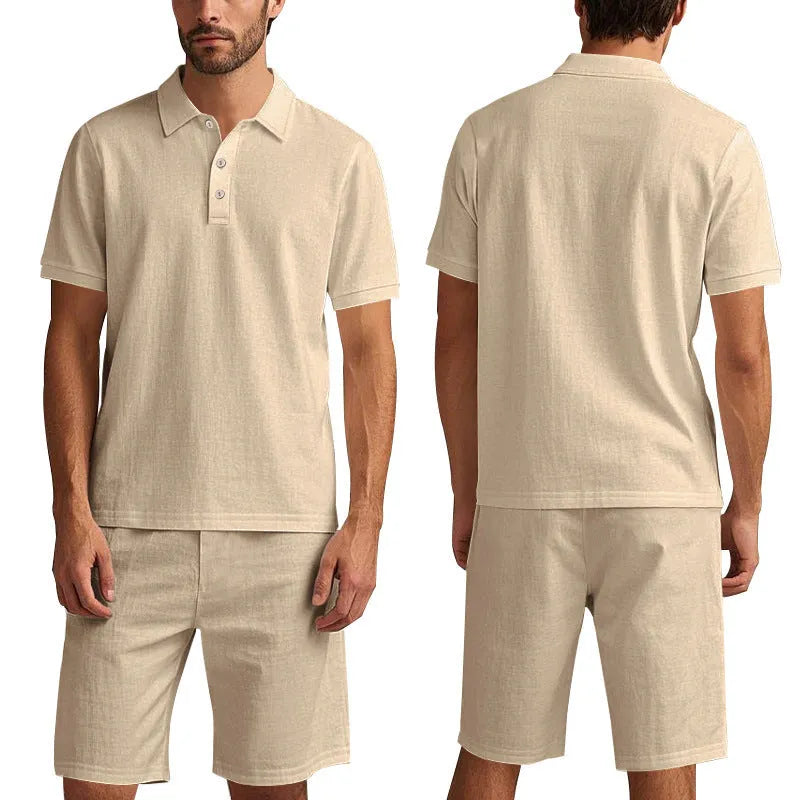 Men's loose linen blend summer suit set in apricot colour, showing short sleeve shirt and matching shorts.