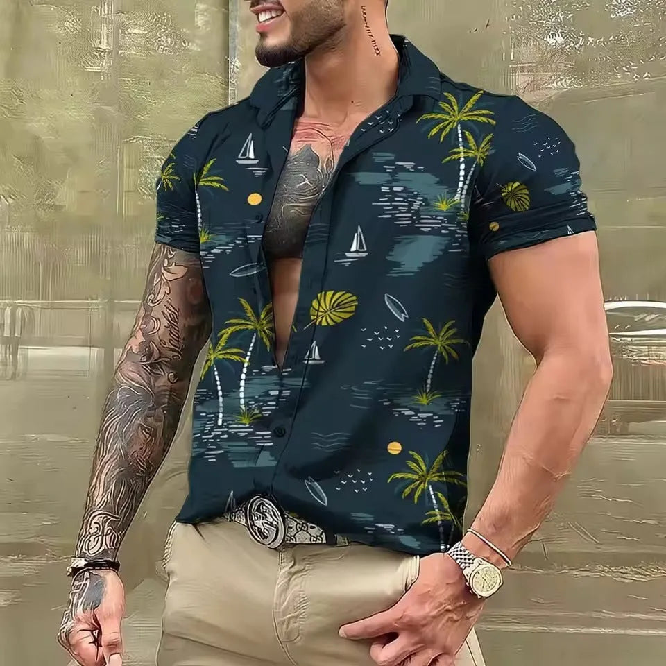 Men's loose fit floral printed cardigan shirt with short sleeves for summer beach wear