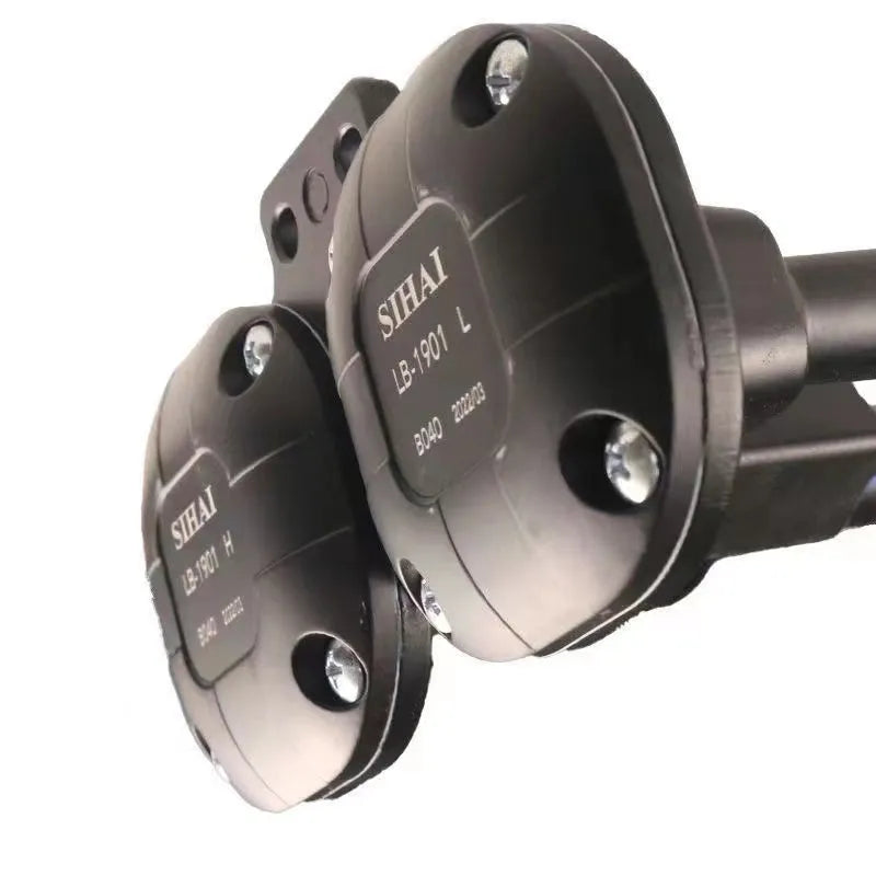 Black dual trumpet 12V 24V universal air horn and compressor kit for vehicles.