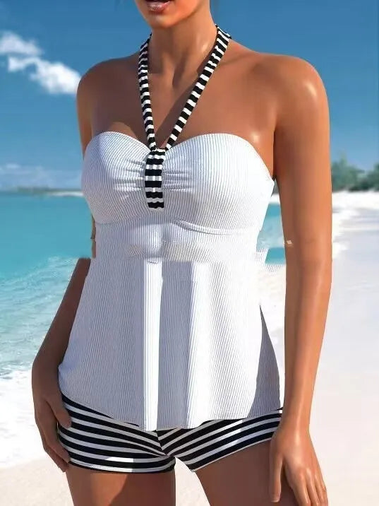 Women's black and white striped off-shoulder swimsuit with briefs style and polyester lining
