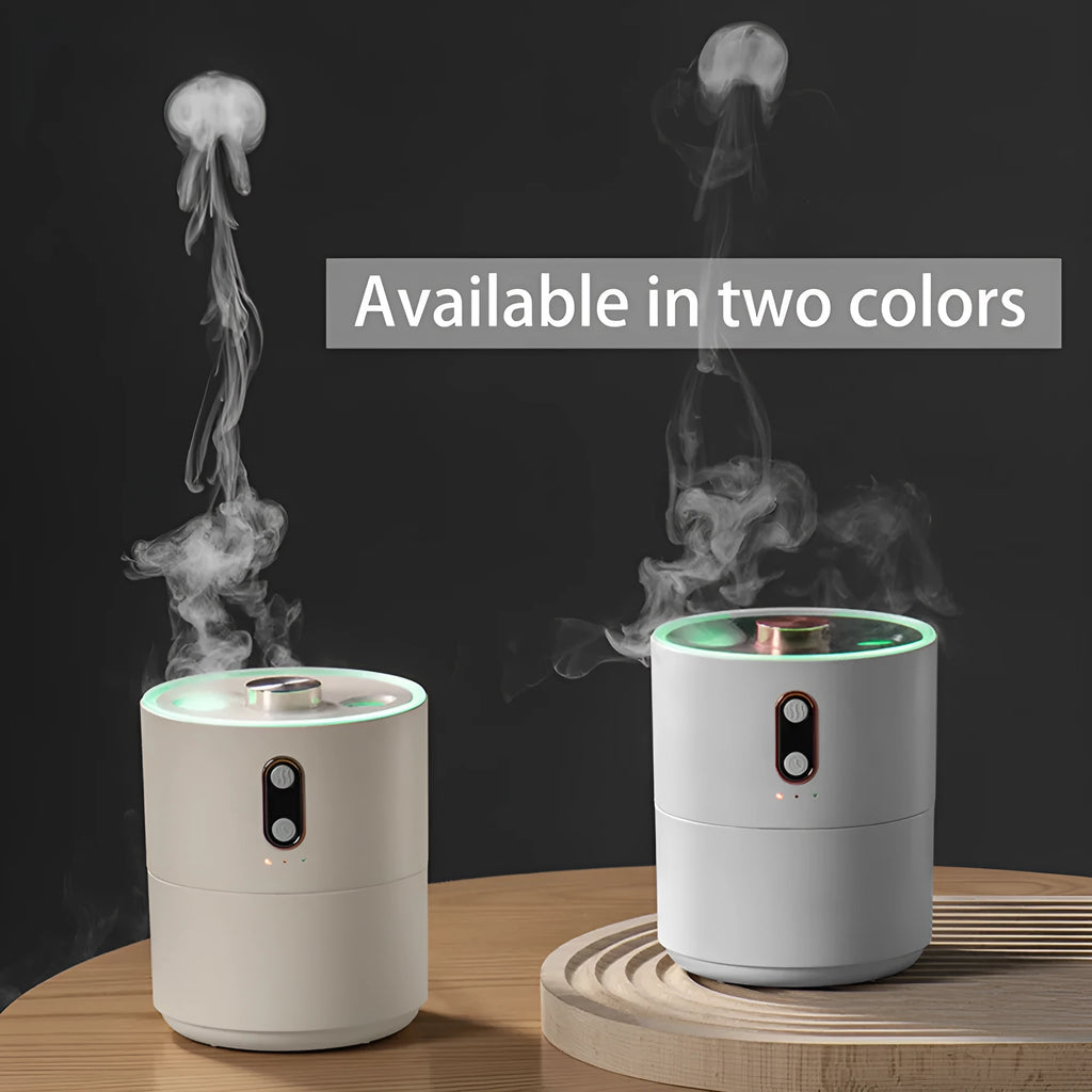 Jellyfish Spirit white desktop air purifying humidifier with USB cable and 450ml water tank on desk