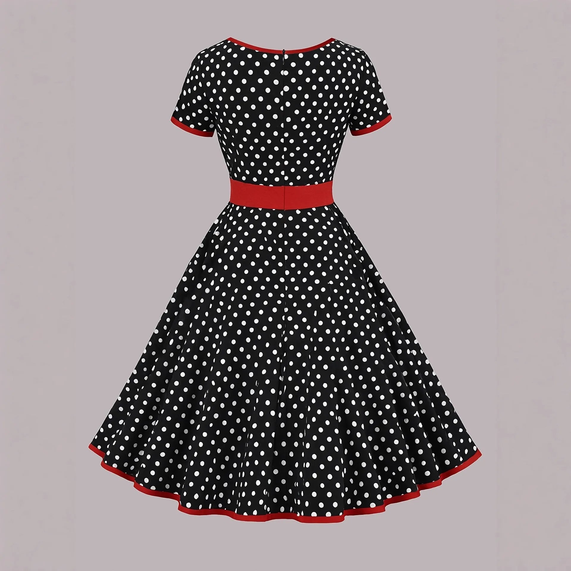Multicolour polka dot pleated midi dress with a square collar and short sleeves on a hanger.