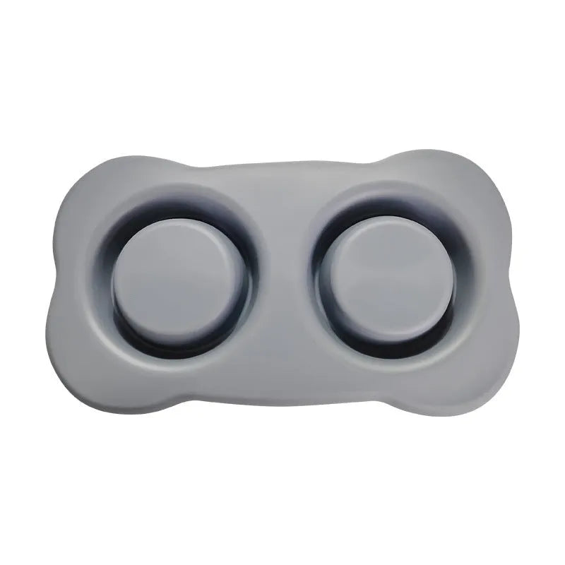 Large silicone pet bowl with stainless steel inserts in dual compartment design