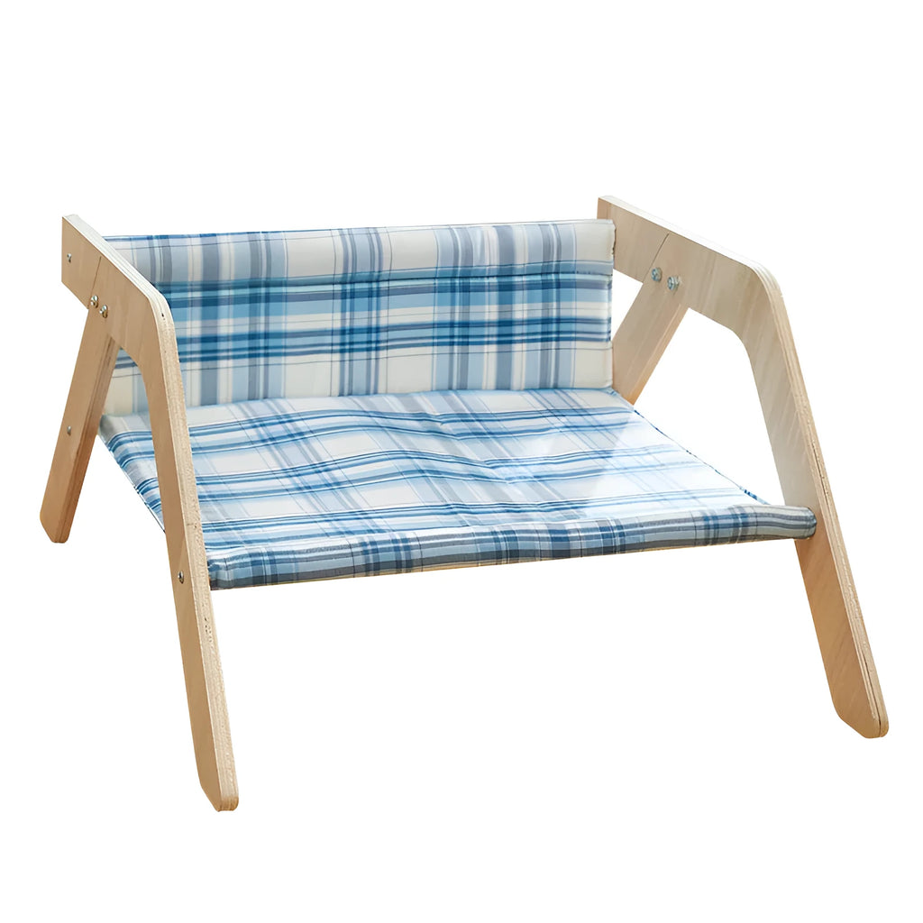 Wooden elevated cat bed with blue cloth hammock suspended inside frame