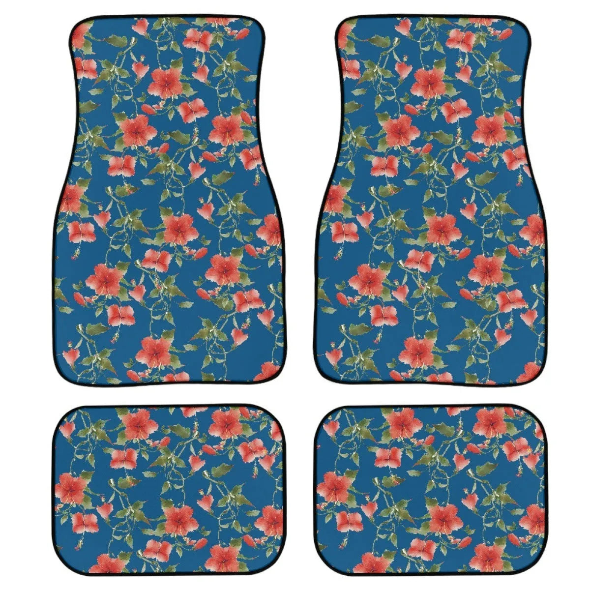 Set of four black printed rubber car foot mats with textured surface, showing 20mm thickness.
