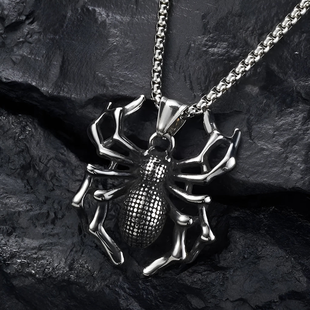 Titanium steel spider punk pendant with polished finish, unisex design, shown with optional square pearl chain