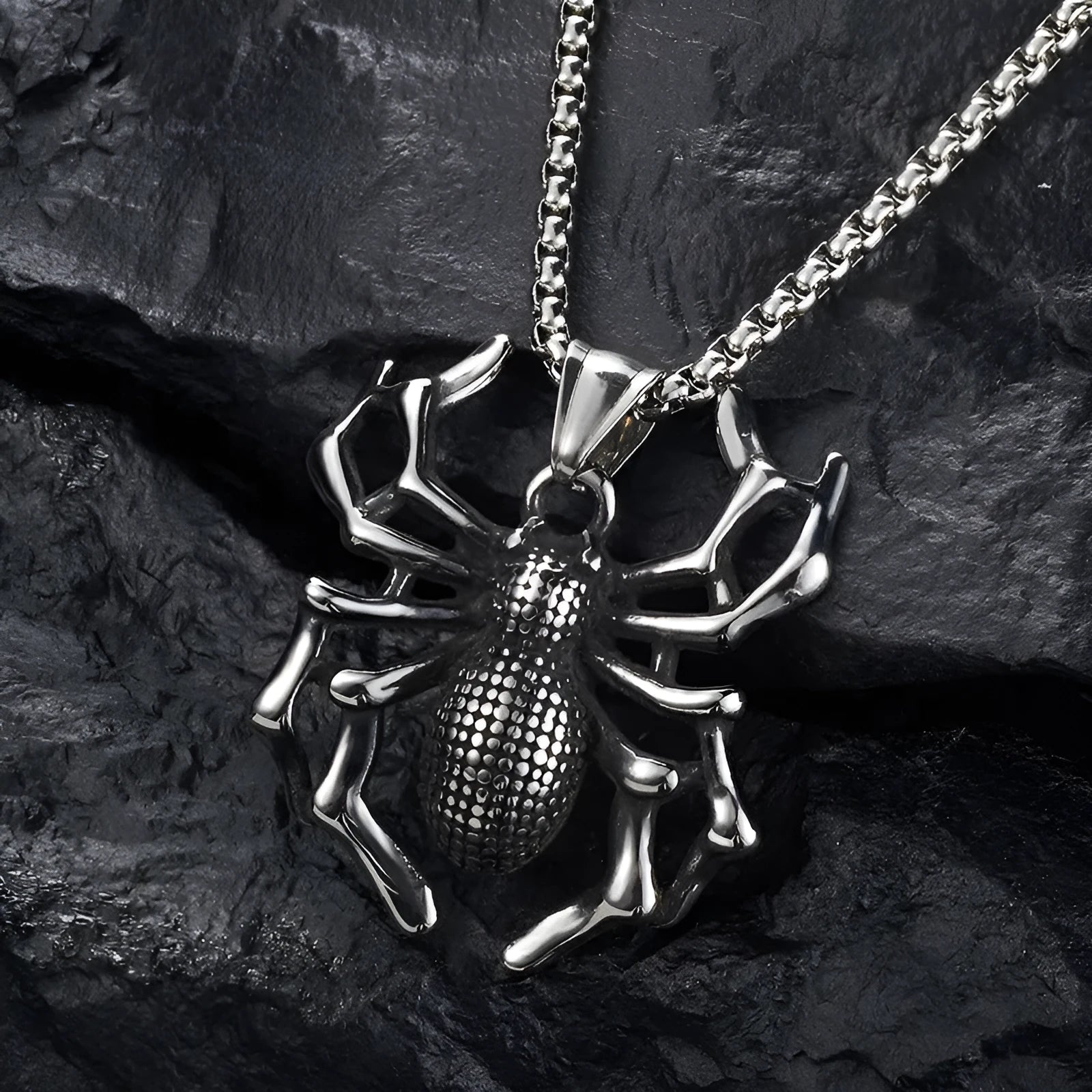 Titanium steel spider punk pendant with polished finish, unisex design, shown with optional square pearl chain