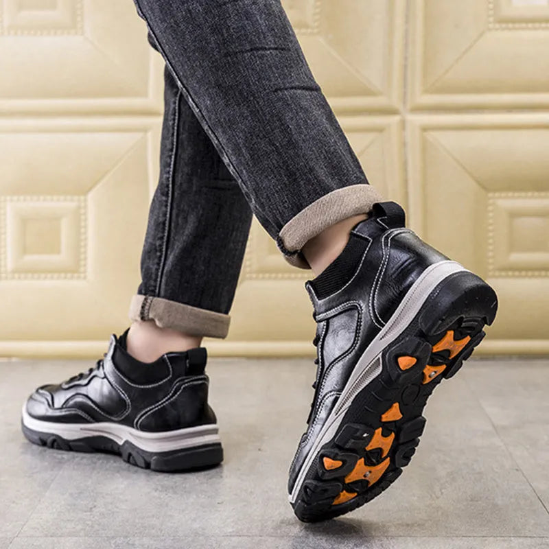 Men's winter warm ankle work boots in black cotton version, side view showing thick sole and front tie lacing