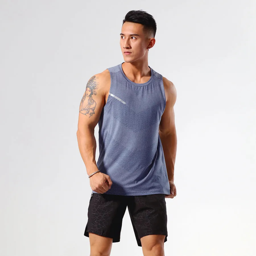 Man wearing a solid colour quick-dry polyester sports tank top for summer outdoor activities.