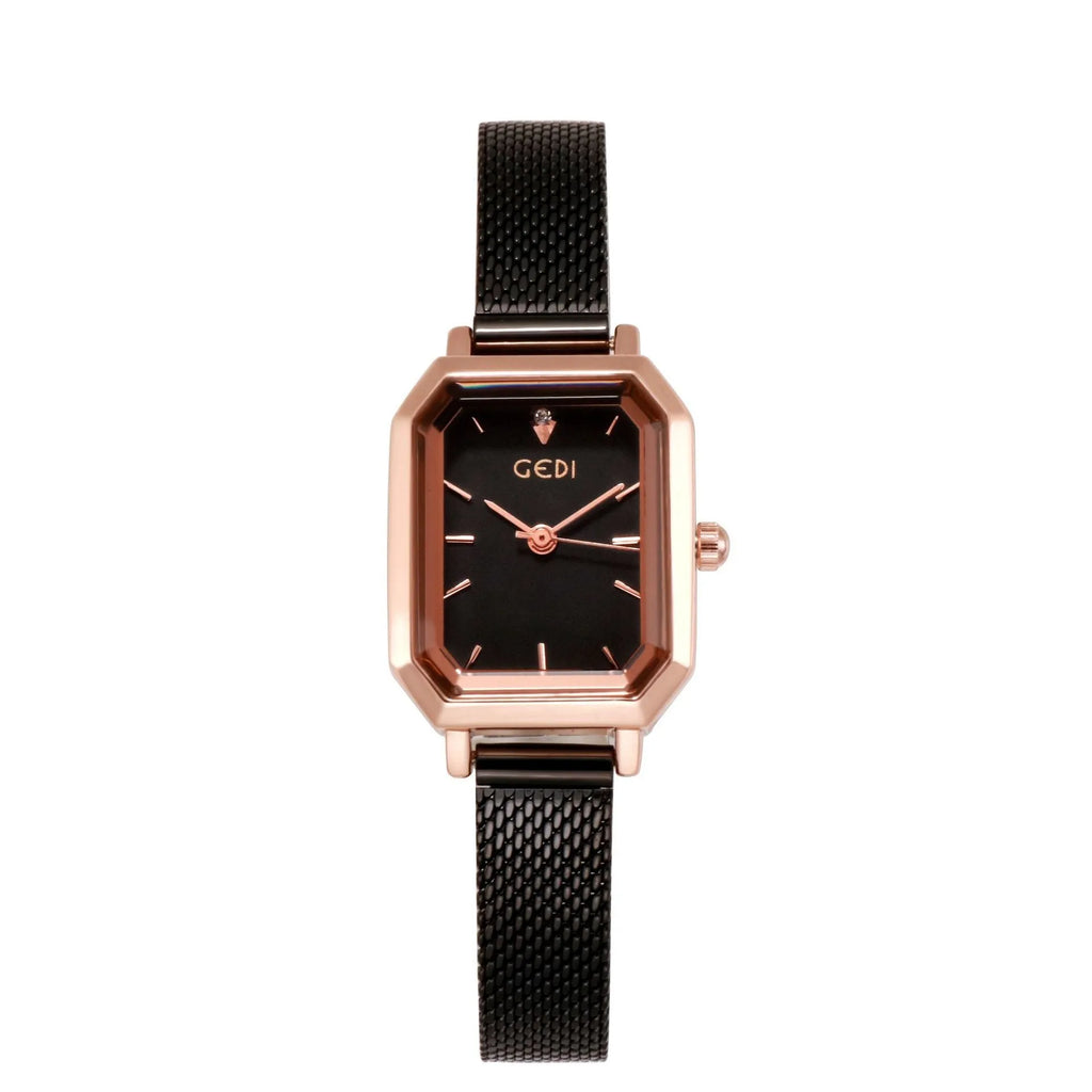 Women's square retro casual watch with rose shell case and multiple colour combinations showing 8mm thickness