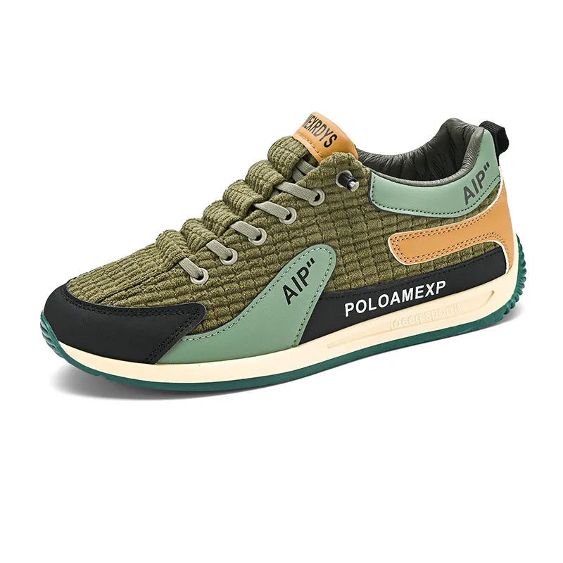 Men's green and grey running shoes with mesh upper and lace-up closure on neutral background