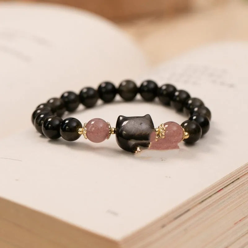 Black obsidian bracelet with 8mm beads and kitty charms in single circle design