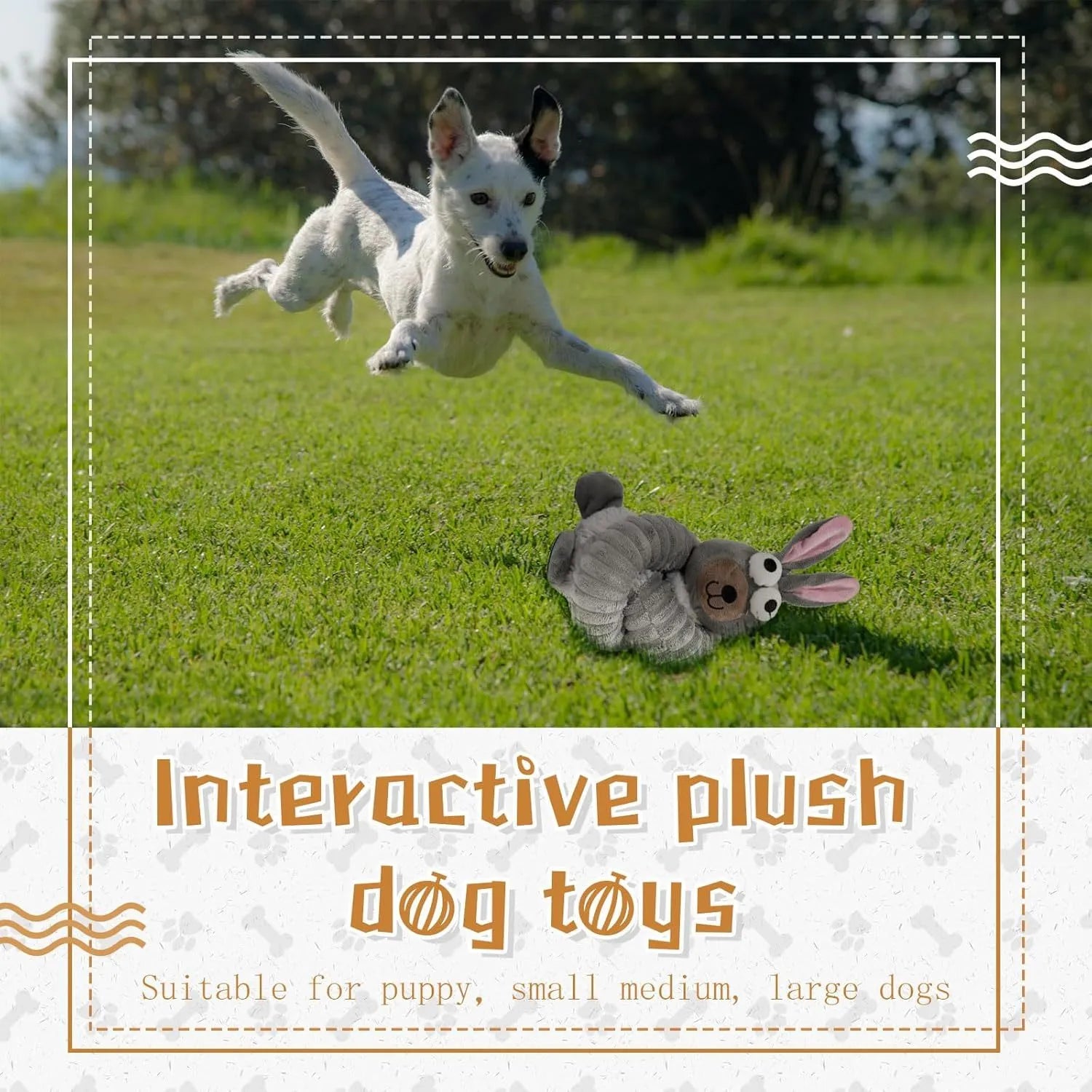 Brown grey yellow squeaky dog toys with plush stuffing and crinkle sound