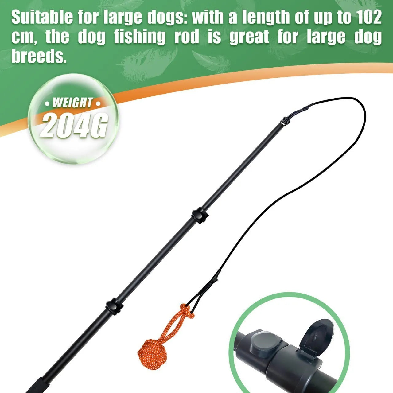 Black telescopic dog teasing rod with aluminium alloy shaft, two bite ropes and one ball, 102cm length