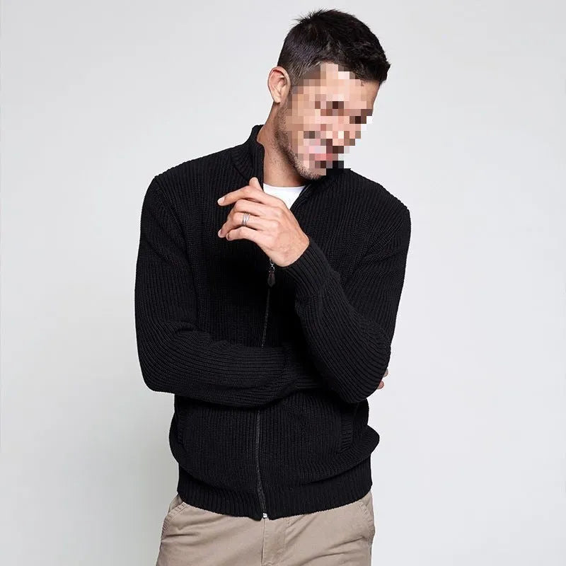 Men's half-high collar cardigan sweater slim jacket in sapphire blue with batwing sleeves front view