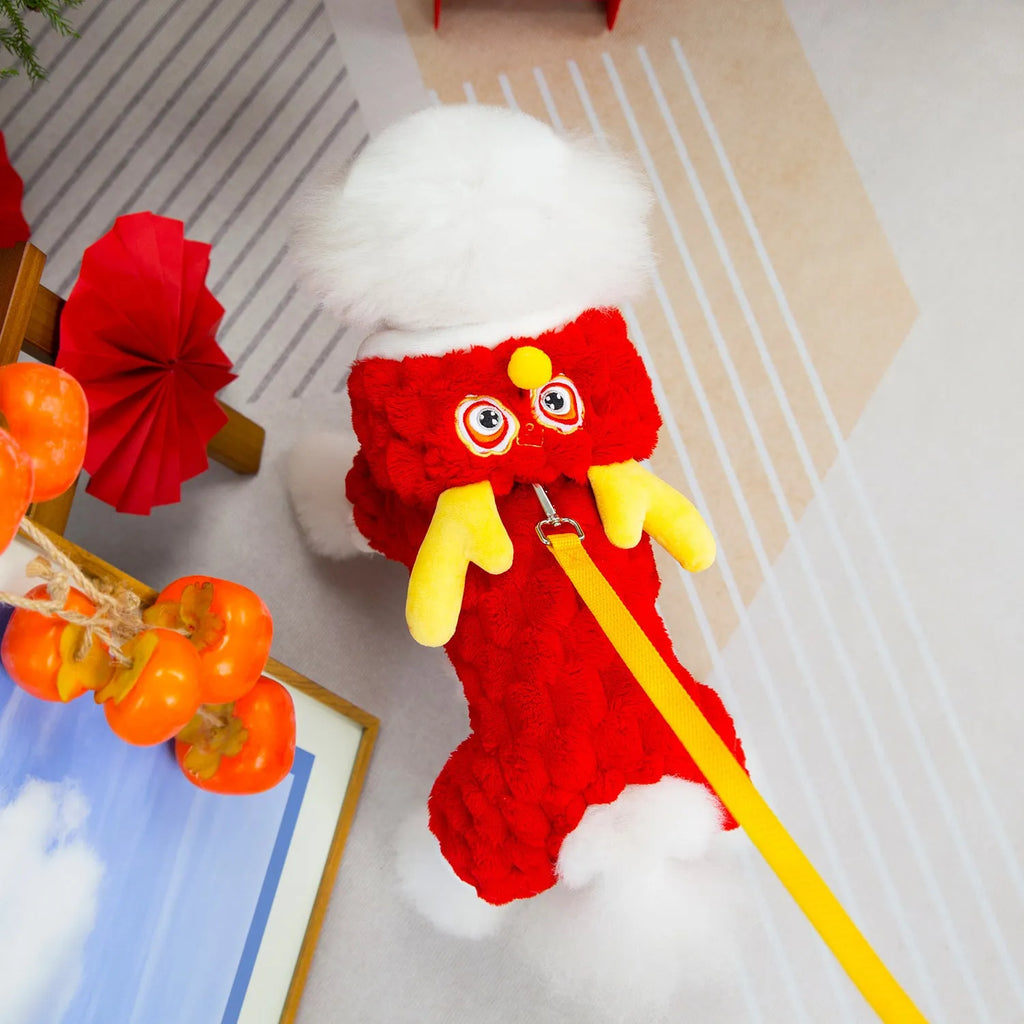 Red pet dog jacket with 24 Little Dragon cartoon design on double-sided velvet fabric