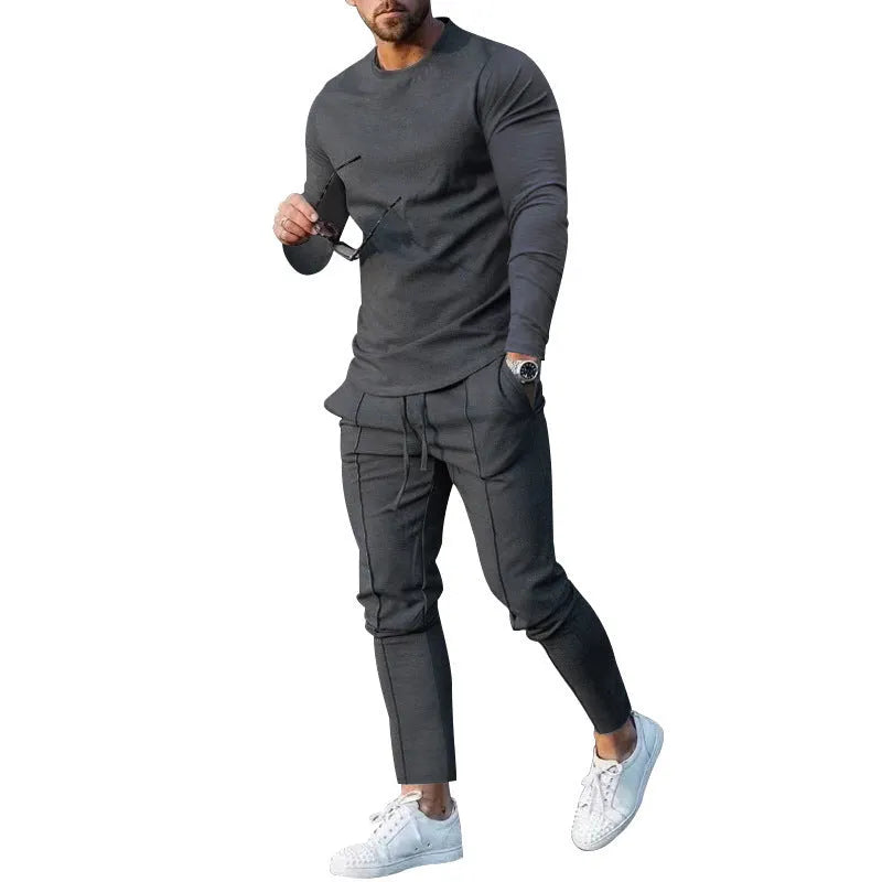 Men's light grey round-neck long sleeve T-shirt and trousers two-piece suit set on a hanger