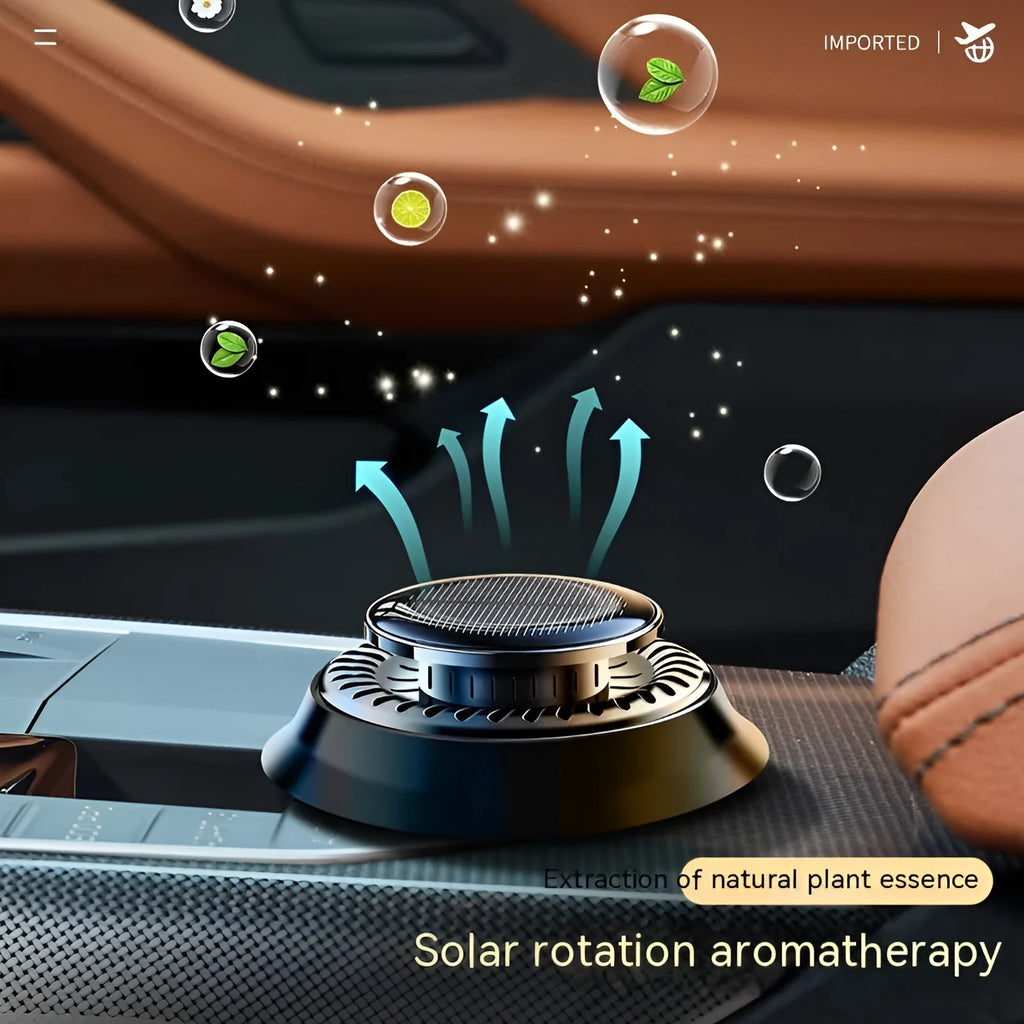 Black electromagnetic de-icing car aromatherapy decoration with solar panel measuring 84mm