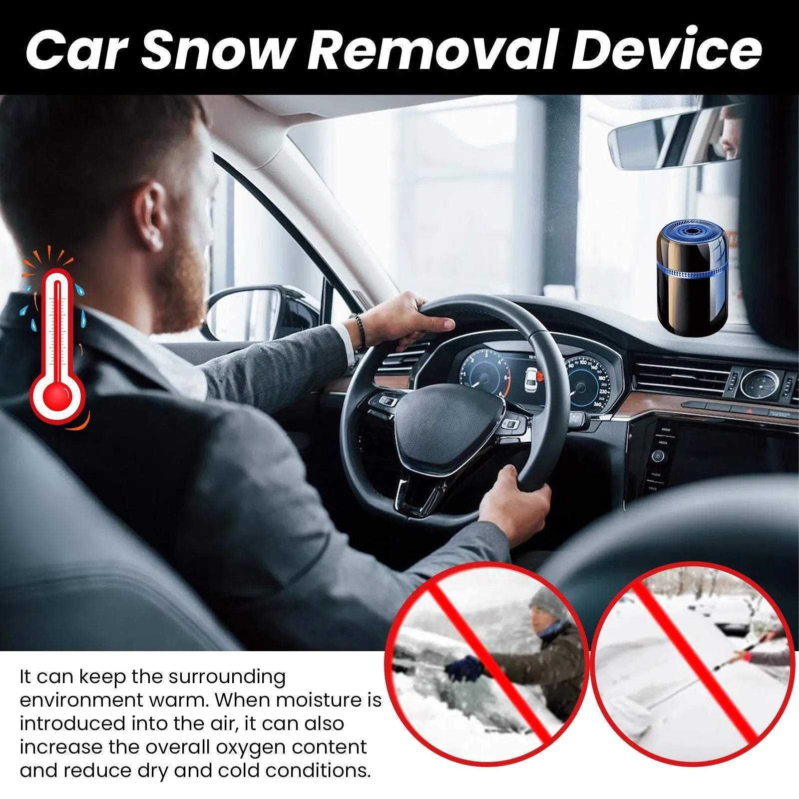 Compact car windscreen defrosting tool for snow melting and ice removal measuring 5.6 by 6.8 cm