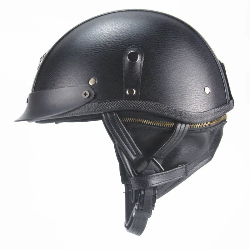 Retro-style half-pedal motorcycle helmet in black artificial leather with handmade construction
