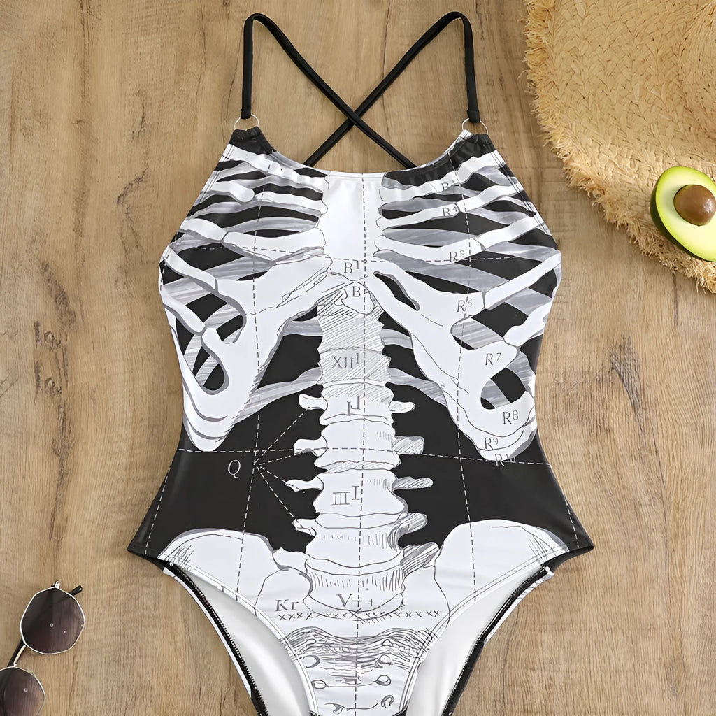 Women's one-piece swimsuit with black and white skeleton print, polyester lining, sizes S to XL.