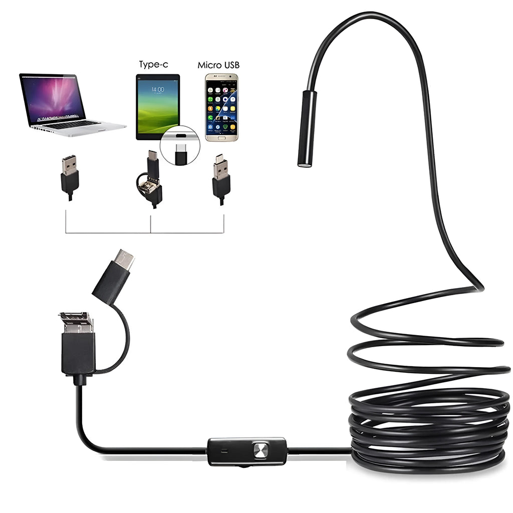 Three-in-one USB endoscope with flexible cable, HD camera, side mirror, hook, and magnet attachments on a table.