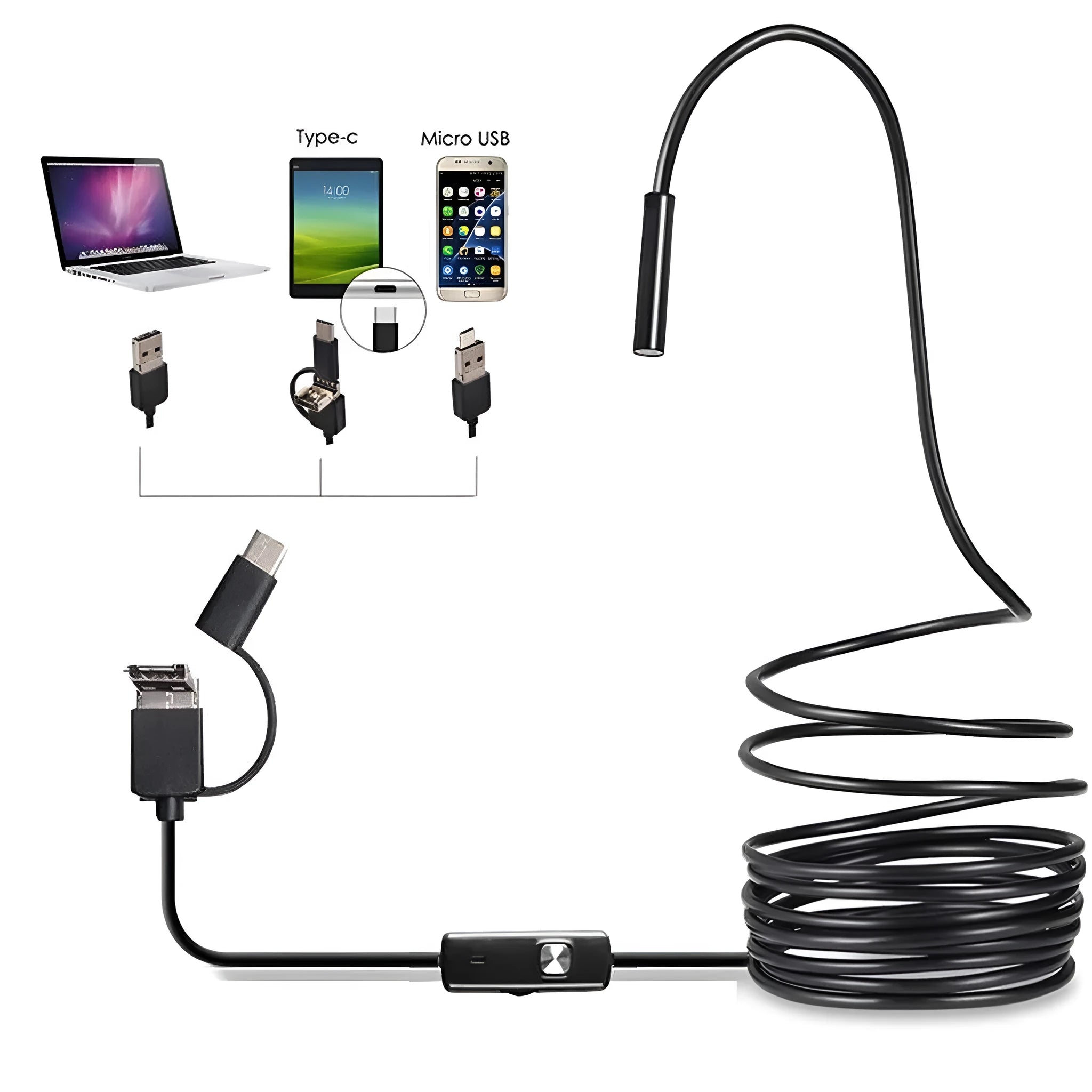 Three-in-one USB endoscope with flexible cable, HD camera, side mirror, hook, and magnet attachments on a table.