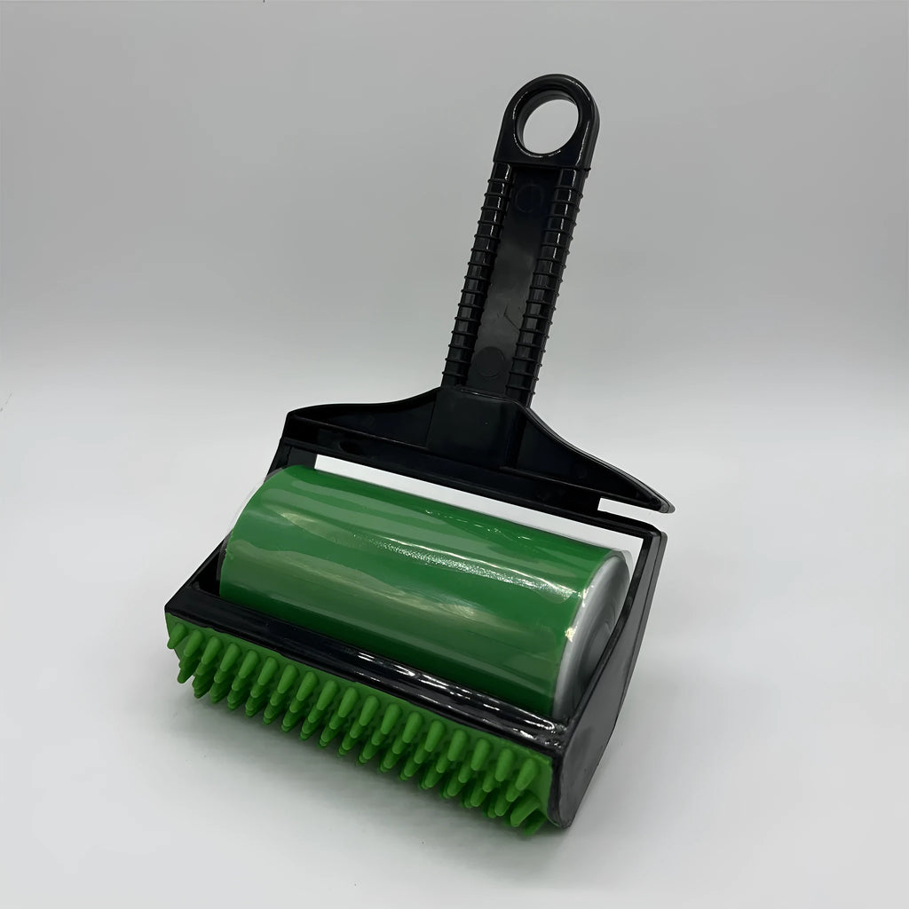 Yellow and green portable washable hair remover with adhesive roller for pet hair and lint.