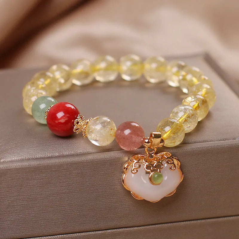 Women's bracelet with natural citrine jade ruyi pendant and yellow hair crystal ornament on adjustable alloy band