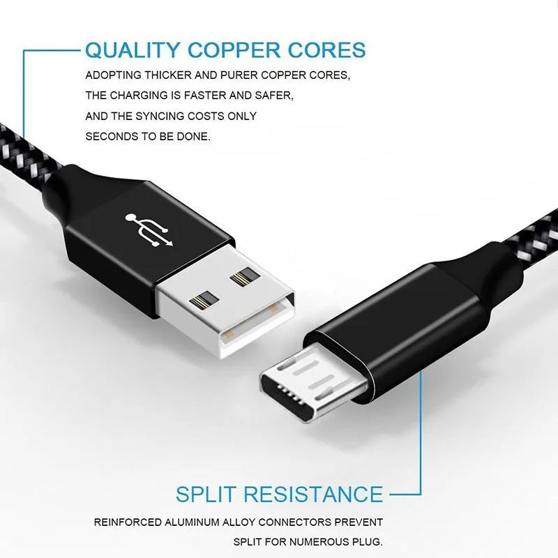 Braided Micro USB fast charging cable for Android phones in black and blue, showing length.