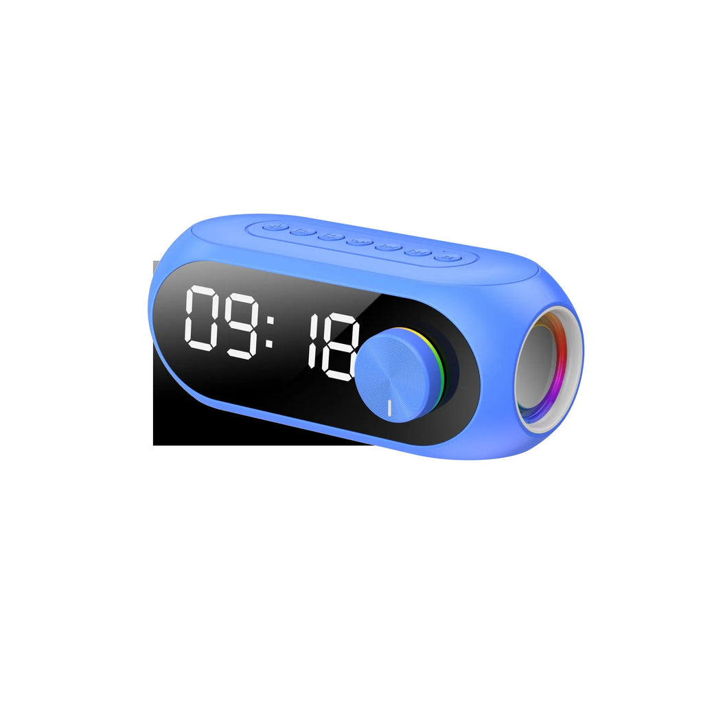 S8 Black portable USB mini clock radio with extra bass on a table.