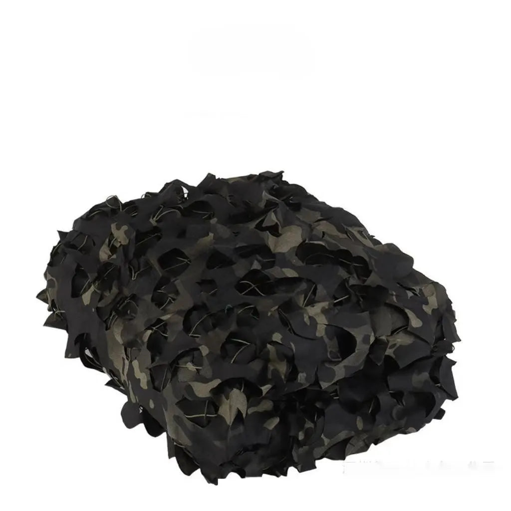 Green camouflage netting set unfolded, showing a mottled pattern, for camp sunshade and tactical cover.