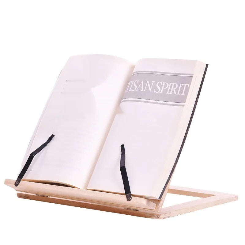 Large wooden book easel with iron clip, pine wood, 31 x 24 cm, holding an open book